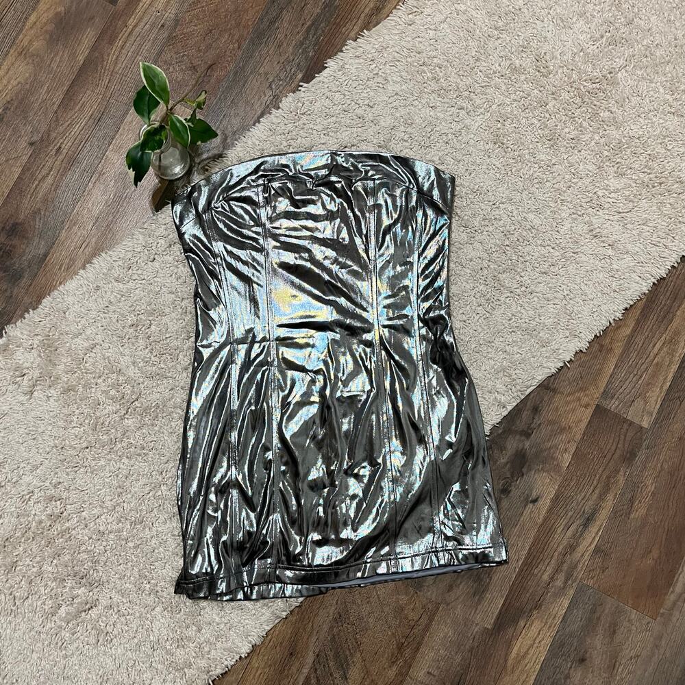 Urban Outfitters Silver Faux Leather Metallic Kristy Disco Strapless Dress NWT